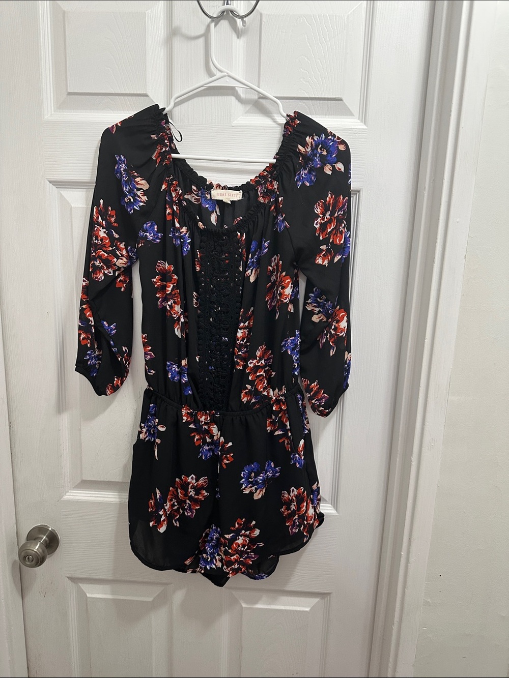 Eight Sixty Black Floral Long Sleeve Romper with Lace Front